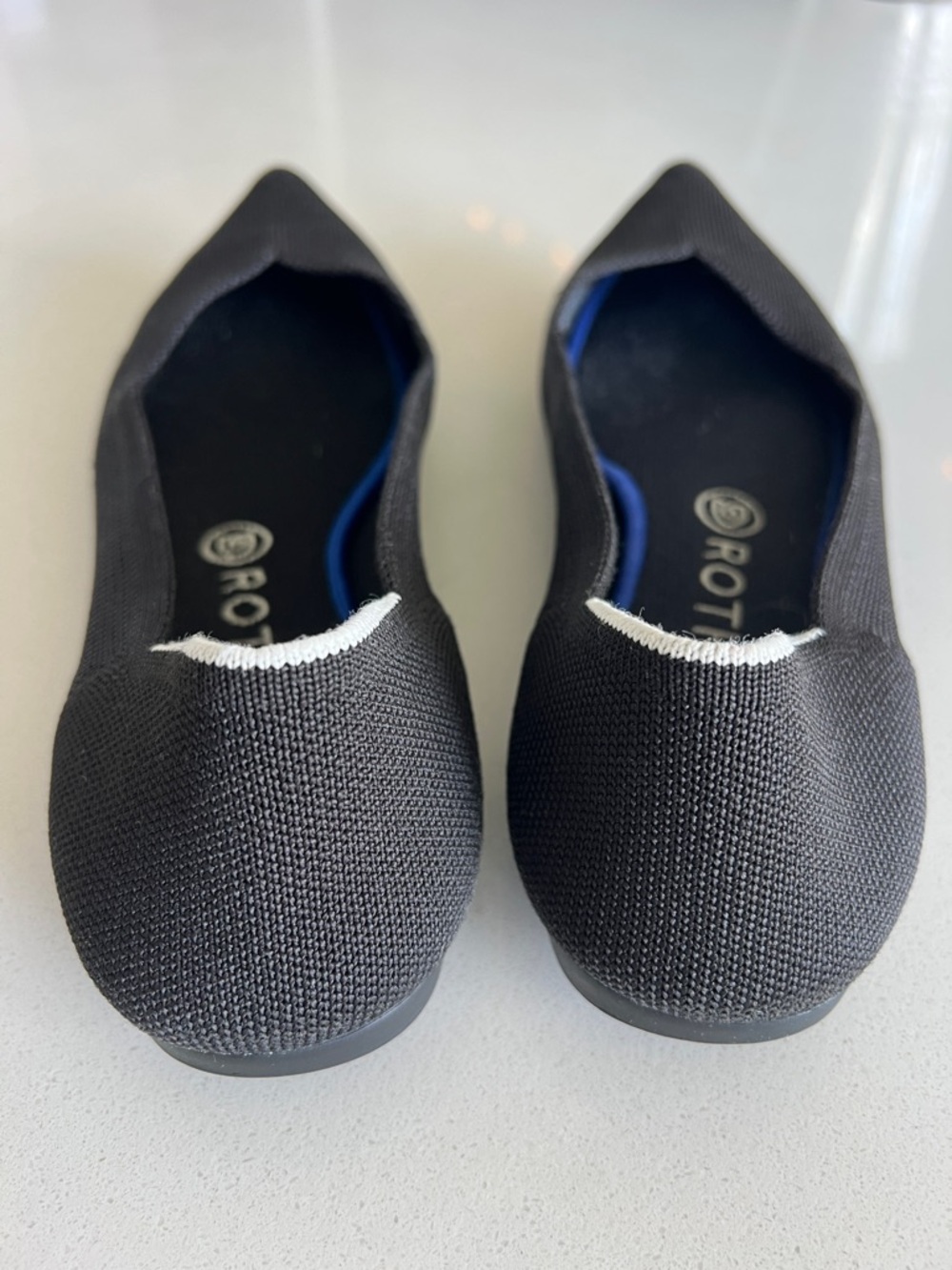 Rothy's Black Pointed Knit Flats with Blue Insole Trim - Picture 5 of 11